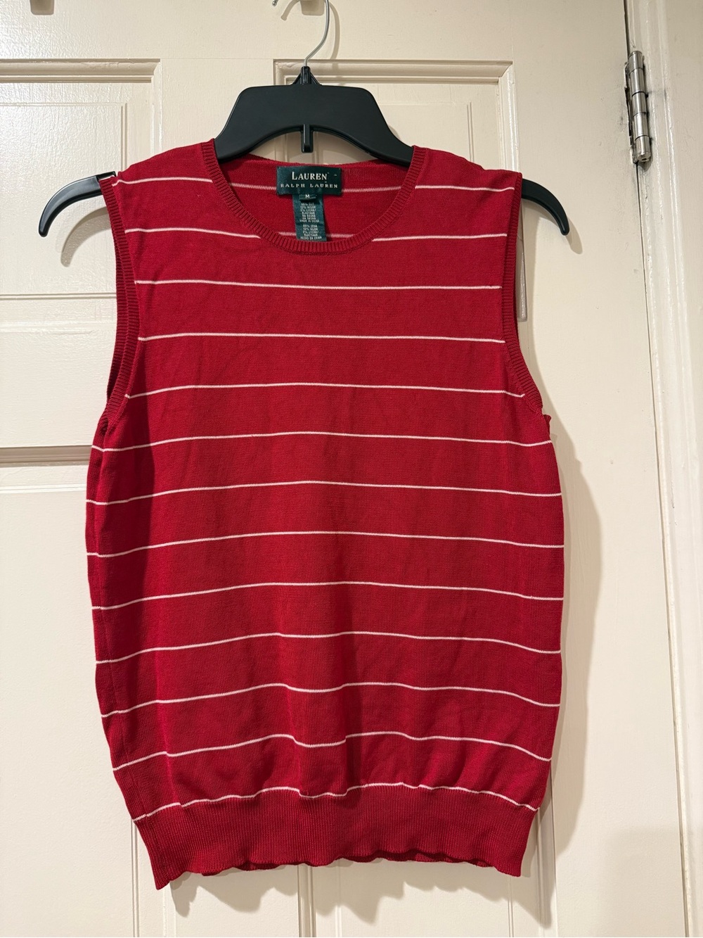 Vintage 90s Green Label Ralph Lauren Red Sleeveless Knit Tank with White Stripes